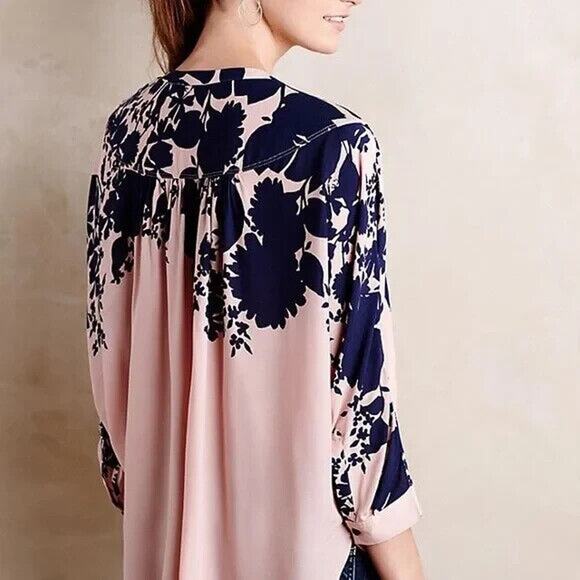 Maeve Anthropologie‎ Womens Blouse Sz XS Linden Floral Batwing Blouse Pink Navy - Picture 3 of 9